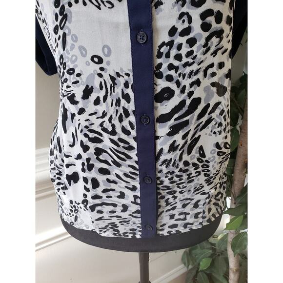 Express Botton Down Shirt Women's Size Small Blue Beige Leopard Chiffon Collared - Picture 8 of 11